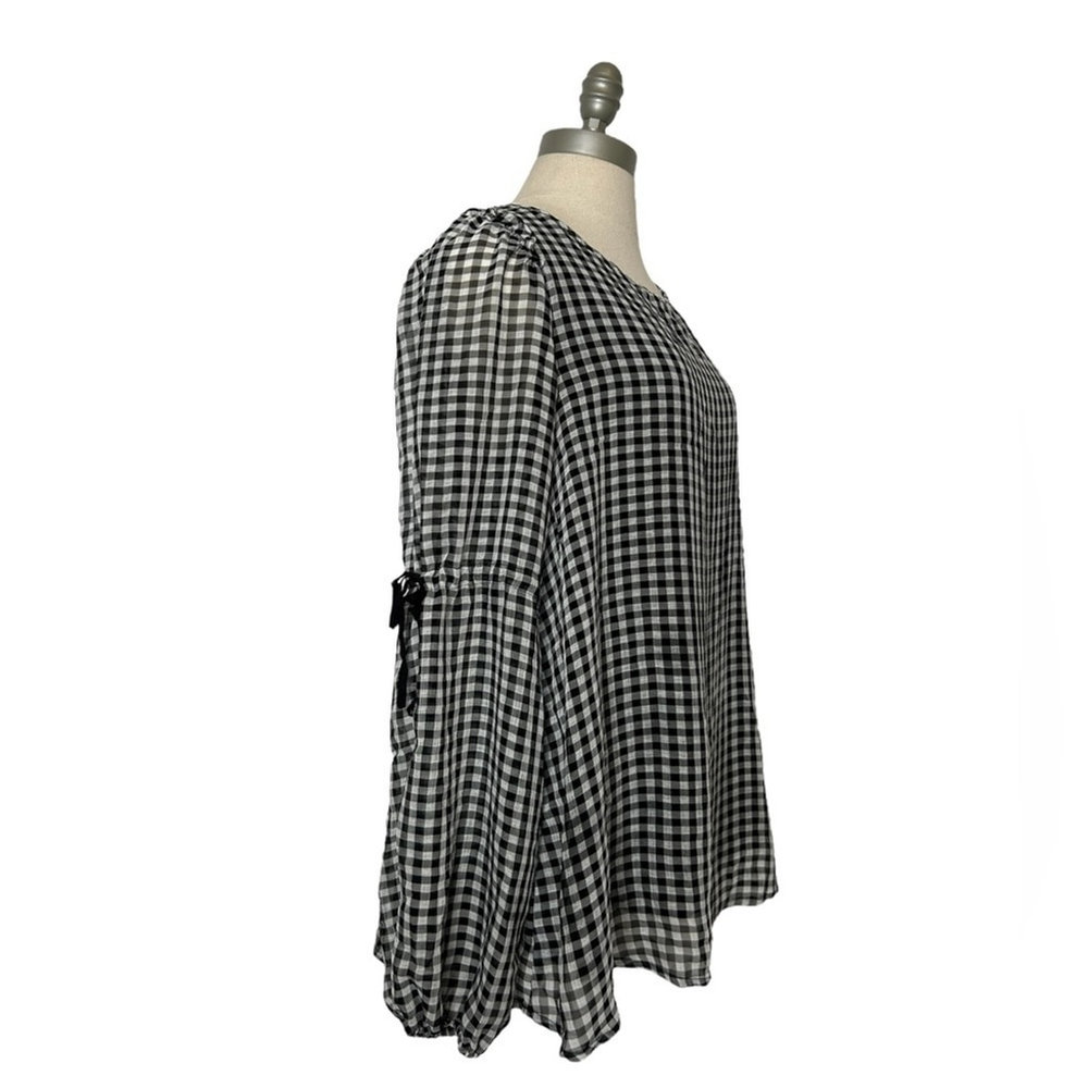 Max Studio Gingham Black White Plaid Long Sleeve Ruffle Tie Sleeve Blouse - Picture 9 of 16